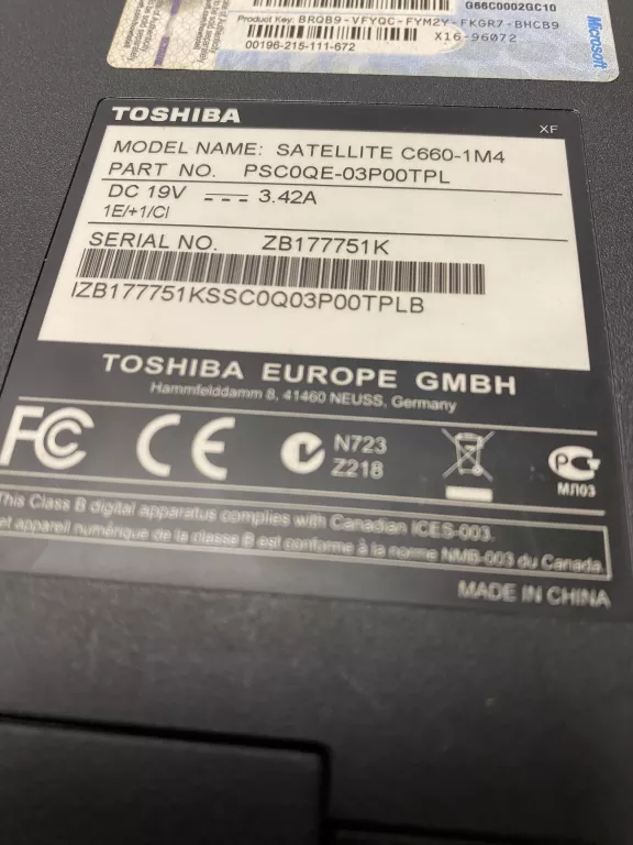 LAPTOP TOSHIBA SATELLITE C660-1M4 I3 3/500GB OPIS
