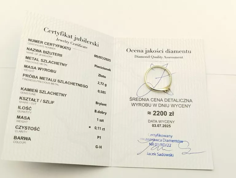 ZOTY PIERŚCIONEK Z BRYLANTEM 2,72G R19  + CERTYFIKAT