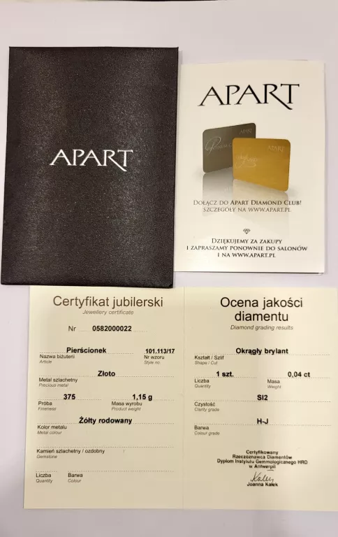 ZLOTY PIERŚCIONEK APART BRYLANT  375 1,15G R17