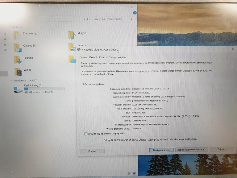 LAPTOP ASUS TUF GAMING FX505D R7 3750H/16GB RAM/512GB SSD/GTX 1660 TI