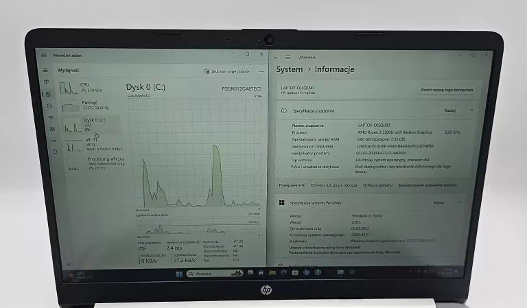 LAPTOP HP 15S-EQ2470NW RYZEN3 8GB 512GB WIN11H + ZASILACZ