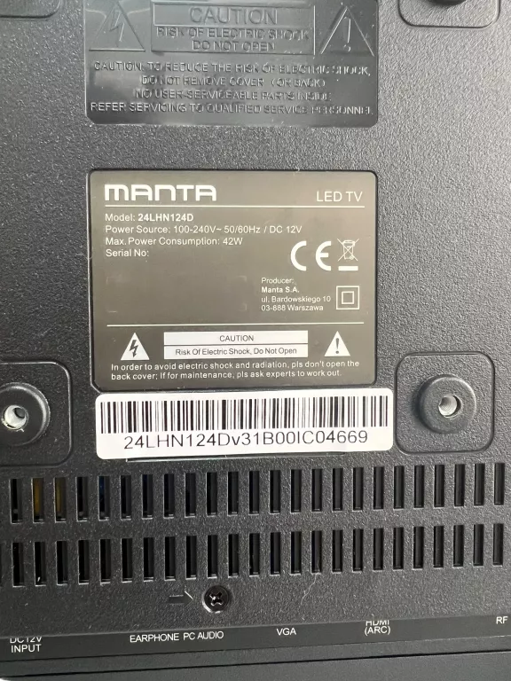 TELEWIZOR LED MANTA 24LHN124D 24" HD READY BRAK STOPEK