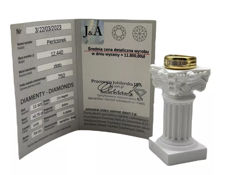 ZŁOTY PIERŚCIONEK Z DIAMENTAMI 12,43G 750 WYCENA 3/22/03/2023 11800ZŁ