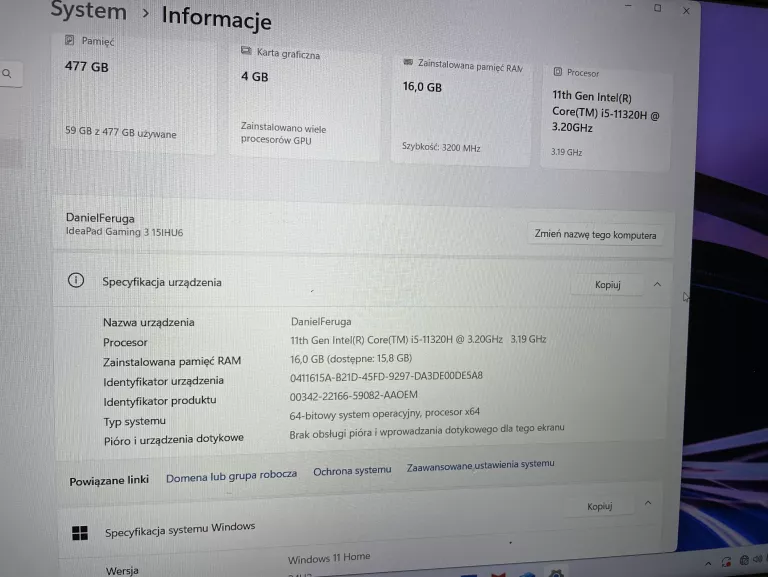 LAPTOP LENOVO IDEAPAD GAMING 3 15IHU6 16GB/512GB + ZASILACZ+MYSZKA
