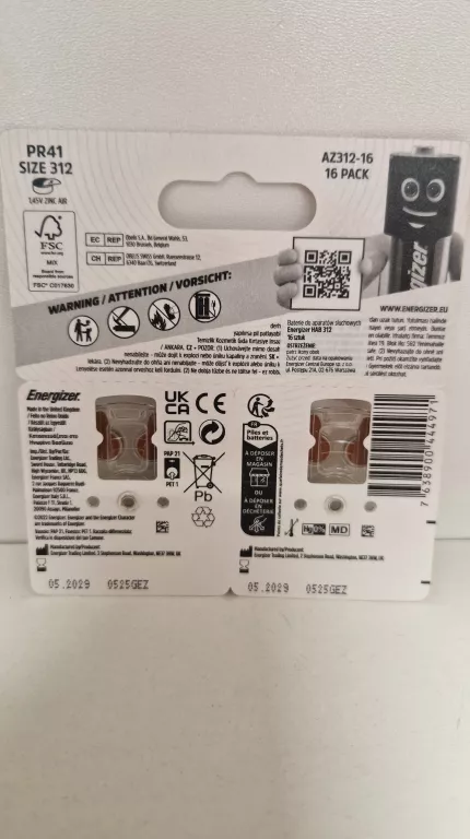 BATERIE SŁUCHOWE ENERGIZER 312 PR41 ZINCAIR DO APARATÓW SŁUCHOWYCH 16SZT.