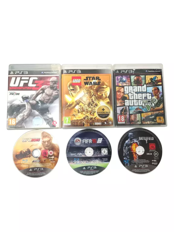 ZESTAW GIER PS3 6 GIER 3+3, GTA V, LEGO STAR WARS, 2X UFC, BF 3, FIFA 19