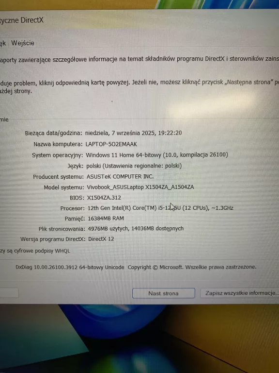 LAPTOP ASUS VIVOBOOK 15 A1504Z 16/512GB I5 12GEN OPIS