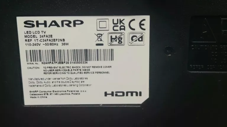 TELEWIZOR LED SHARP 24FA2E 24" HD READY PUDEŁKO
