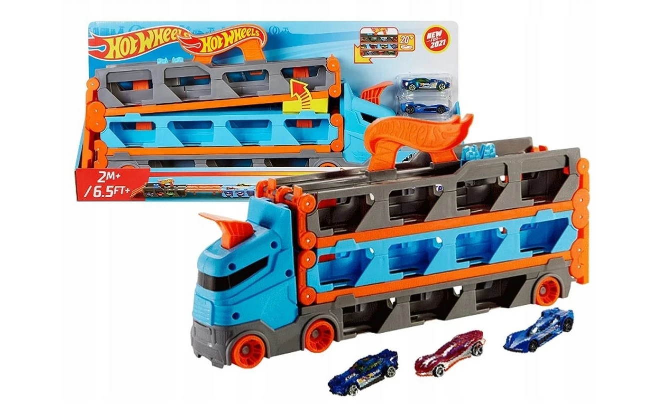 HOT WHEELS WYŚCIGOWY TRANSPORTER 2W1 Z 3 SAMOCHODZIKAMI W SKALI 1:64 ...