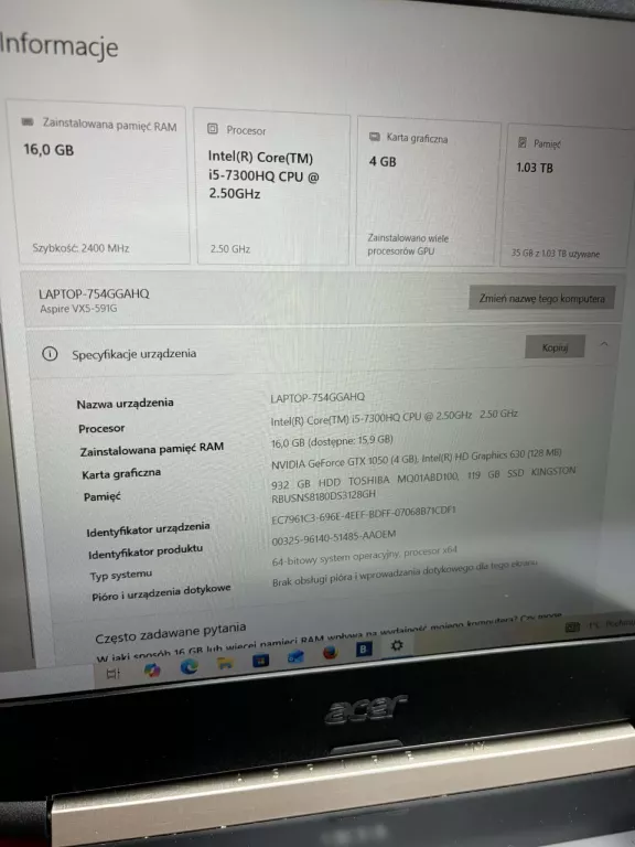 laptop-aceraspirevx-516gb-ram1tbnvida-geforce-gtx1050intel-core-i5-730-pojemnosc-dysku-512