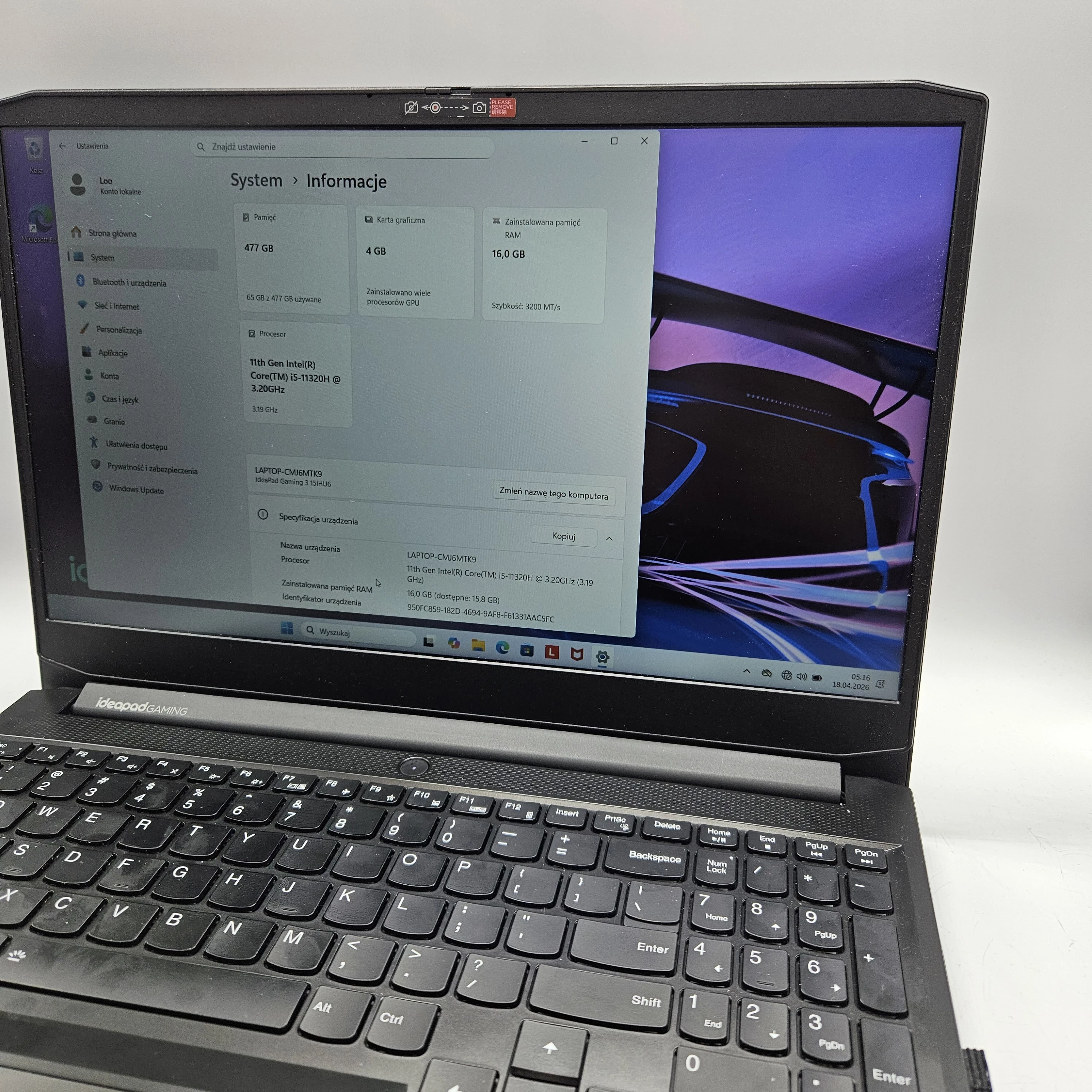 laptop-lenovo-ideapad-gaming-3-15iuh6-i5-11gen-16gb-ssd-512gb-rtx3050-kod-producenta-82k100fkpb