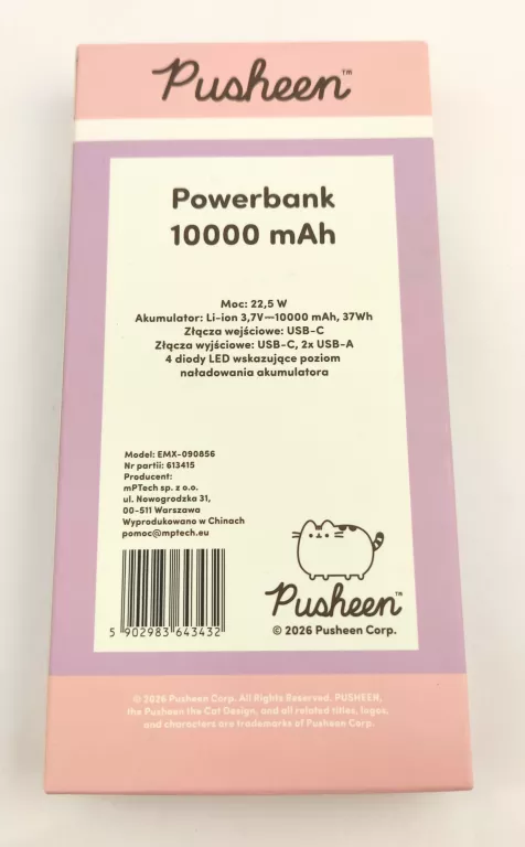 powerbank-pusheen-10000-mah-225-w-fioletowy-ean-gtin-5902983643432